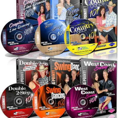 This image is of the Country Dance Starter Pack a 6 course set that includes Country Dance 101, Couples Line Dancing 101, Two-Step 101, Double Two-Step 101, Swing Dancing 101, and West Coast Swing 101.