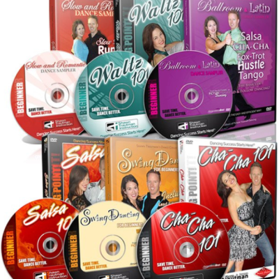image of the Ballroom Dancing Starter Pack - 6 lessons including Slow & Romantic Dance Sampler, Ballroom & Latin Dance Sampler, Waltz 101, Salsa 101, Swing Dancing for Beginners Volume 1, and Cha-Cha 101